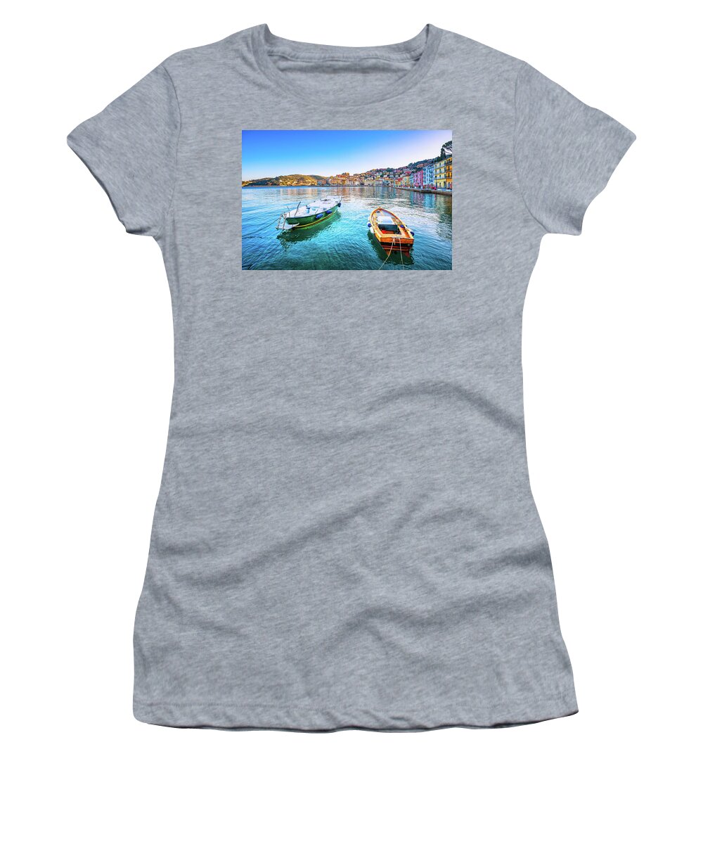 Porto Women's T-Shirt featuring the photograph Wooden small boats in Porto Santo Stefano seafront. Argentario, #1 by Stefano Orazzini