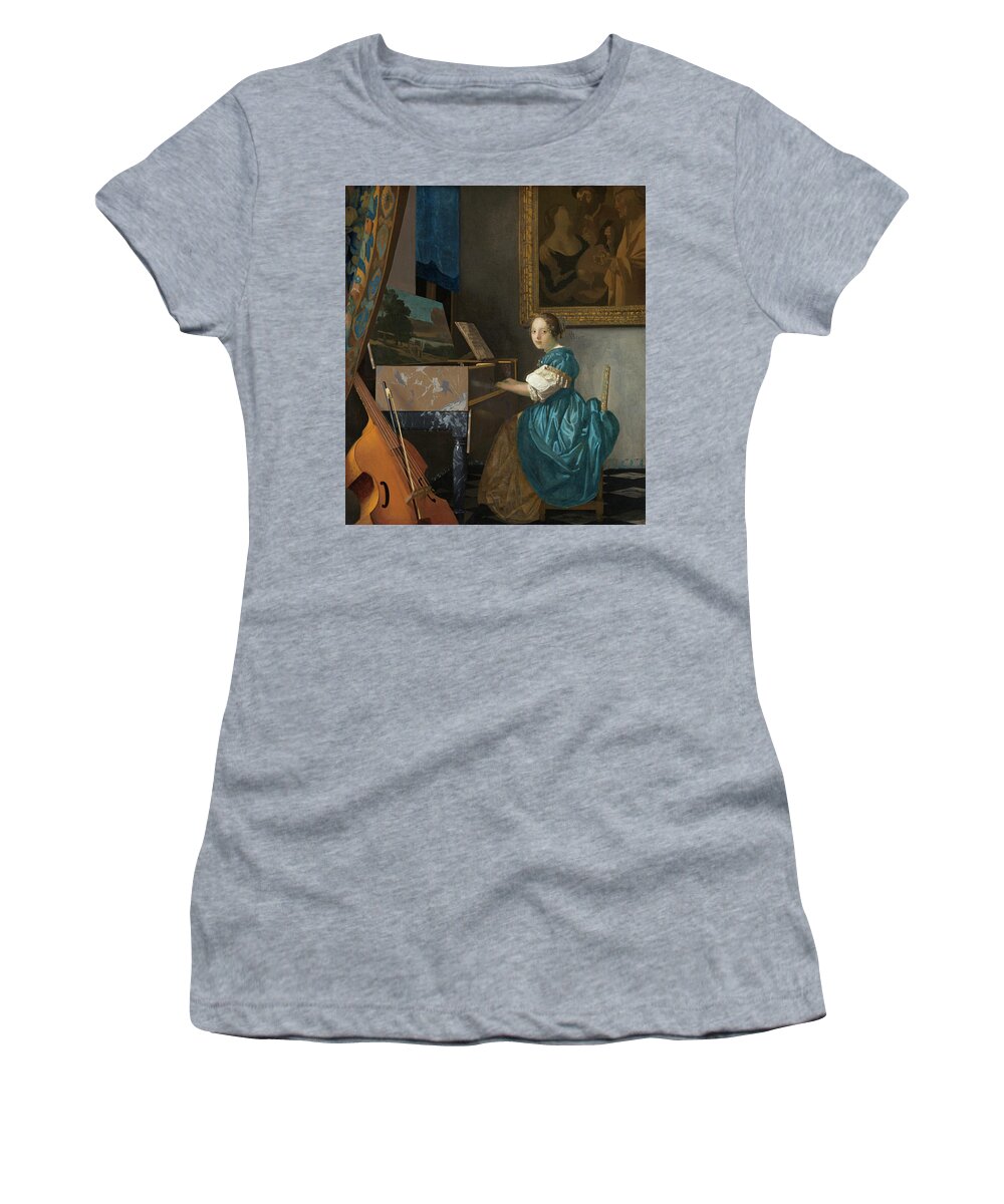 Piano Women's T-Shirt featuring the painting Young Woman Seated at a Virginal #1 by Johannes Vermeer