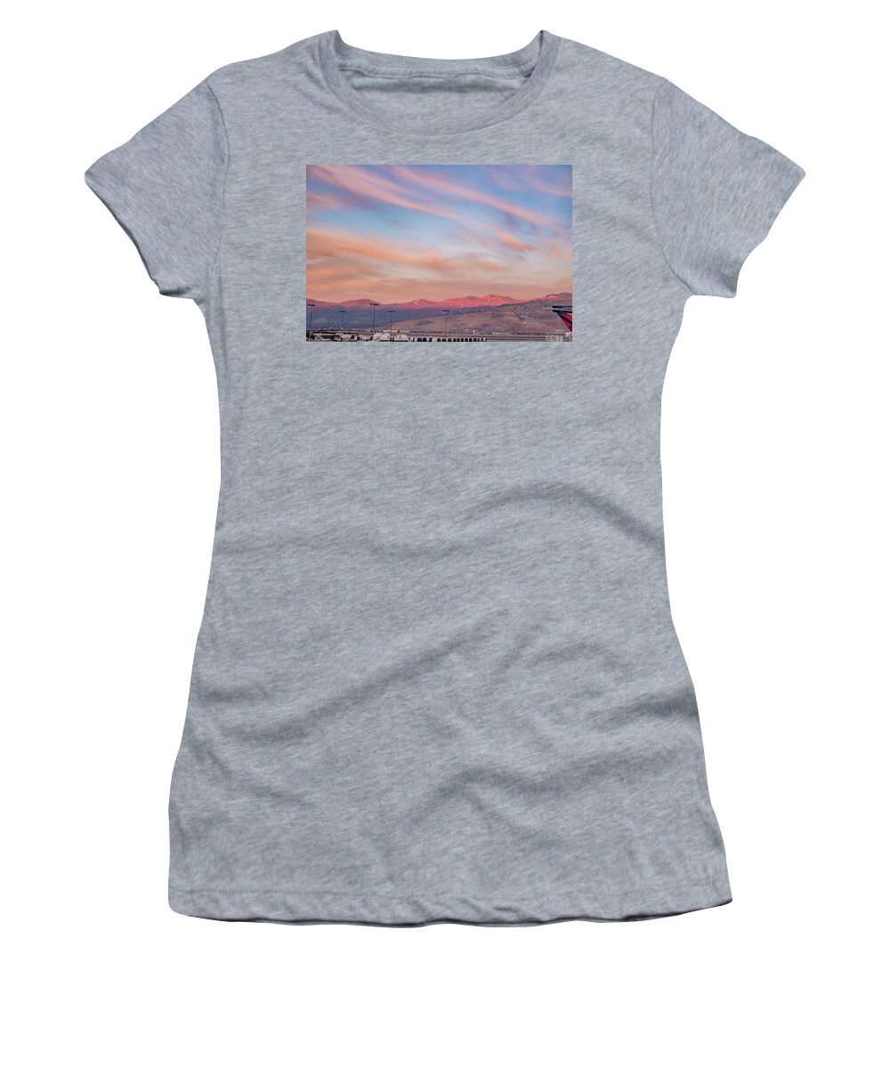 Flying Women's T-Shirt featuring the photograph Flying Over Rockies In Airplane From Salt Lake City At Sunset #12 by Alex Grichenko