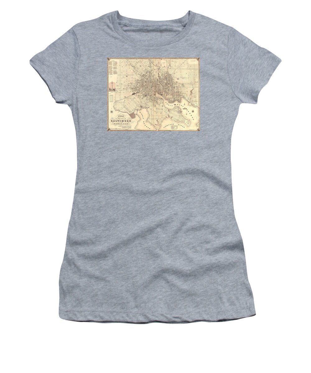 1851 Baltimore Maryland Map Women's T-Shirt featuring the drawing 1851 Baltimore Maryland Map by Dan Sproul