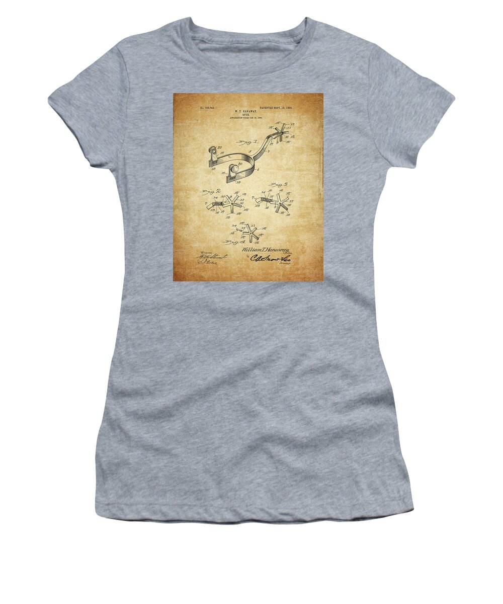 1904 Boot Spur Patent Women's T-Shirt featuring the drawing 1904 Spur Patent by Dan Sproul