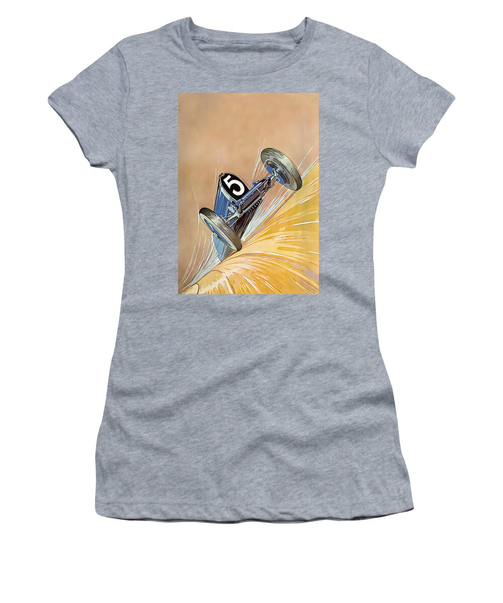 Vintage Women's T-Shirt featuring the painting 1927 Bugatti Type 35B dramatic speed perspective original french art deco illustration by Roger Soubie