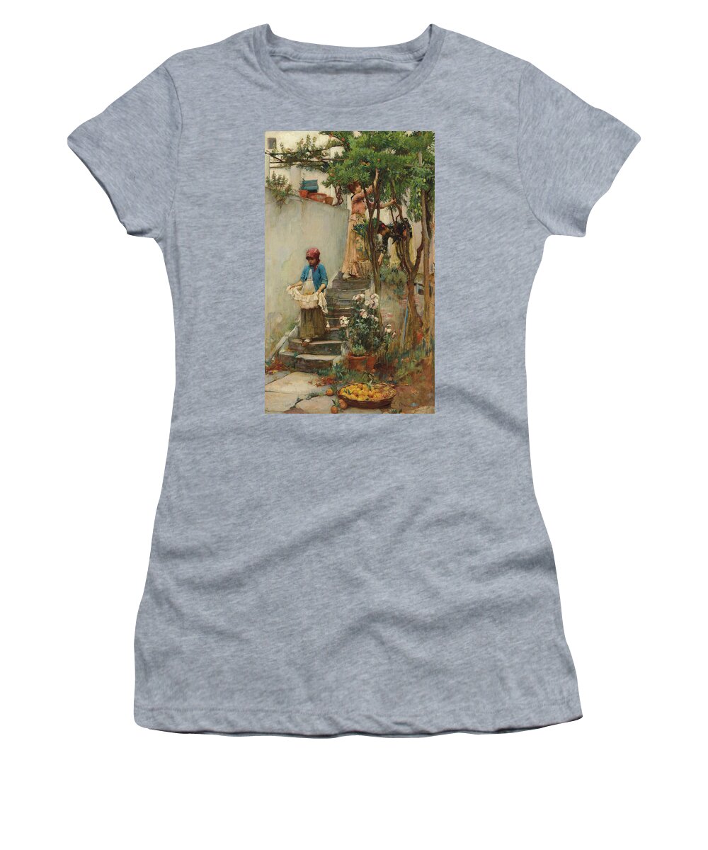 John William Waterhouse Women's T-Shirt featuring the painting An Orange Garden, by 1917 by John William Waterhouse