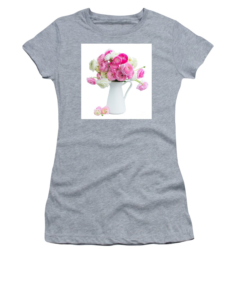 Flowers Women's T-Shirt featuring the photograph Pink and white ranunculus flowers #2 by Boon Mee