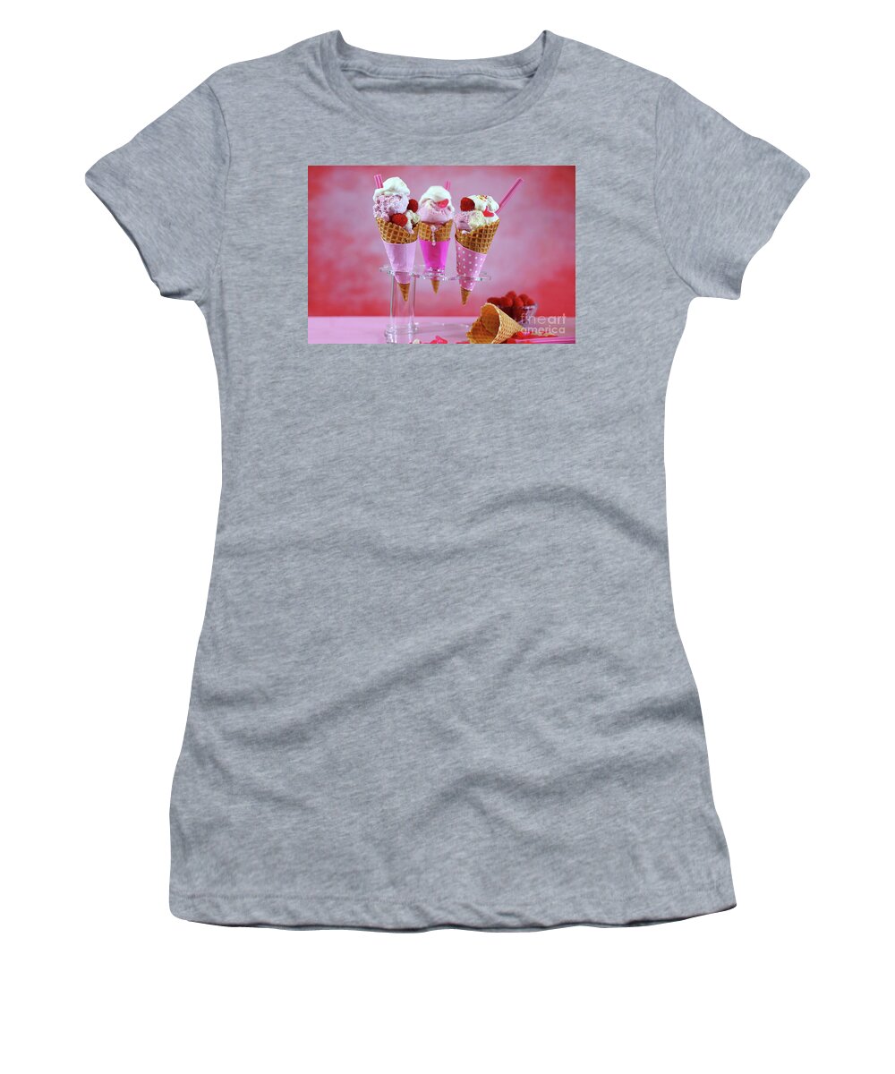 Background Women's T-Shirt featuring the photograph Summertime pink ice cream cones #2 by Milleflore Images