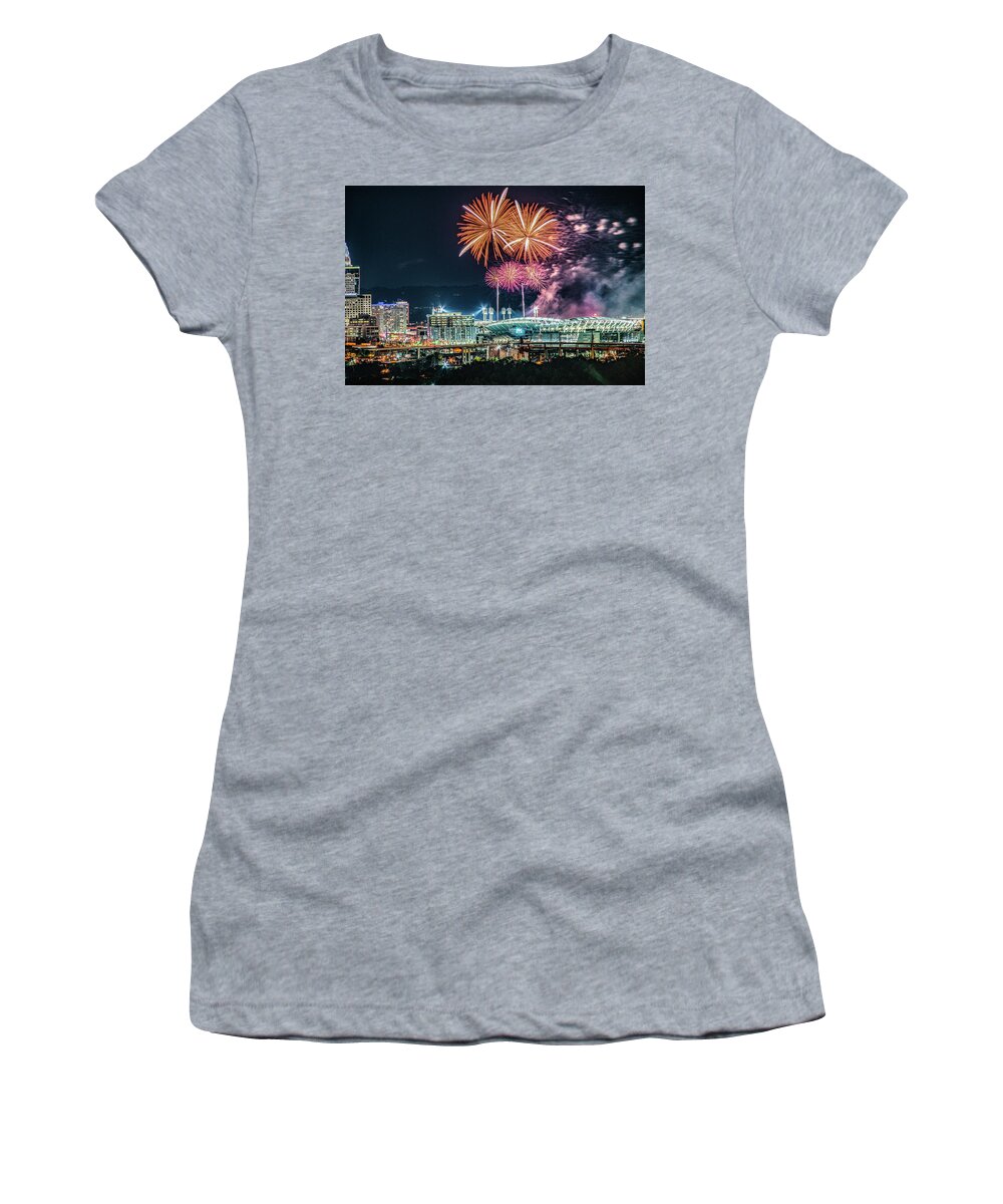 Cincinnati Women's T-Shirt featuring the photograph 2021 WEBN Fireworks Cincinnati Ohio Skyline Photo by Dave Morgan