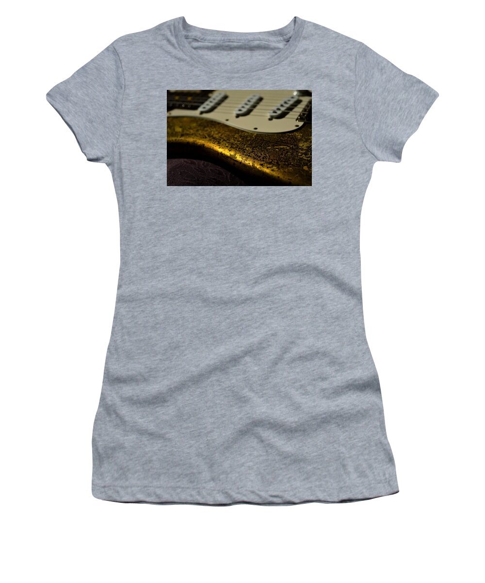 Fender Women's T-Shirt featuring the photograph Fender Stratocaster 24k Gold Leaf Aged Electric Guitar Music by Guitarwacky Fine Art
