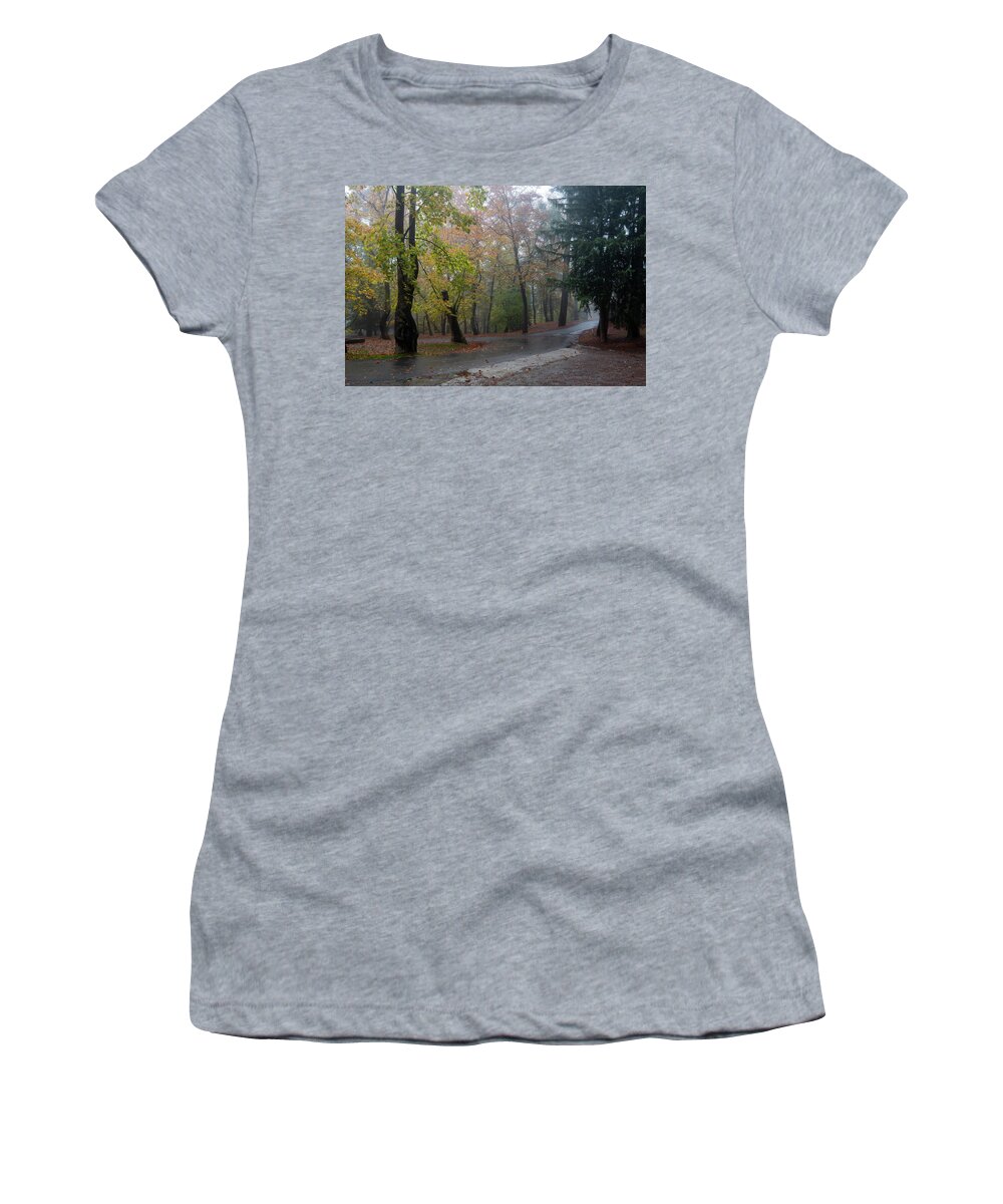 Autumn Women's T-Shirt featuring the photograph Autumn landscape with trees and Autumn leaves on the ground after rain #3 by Michalakis Ppalis