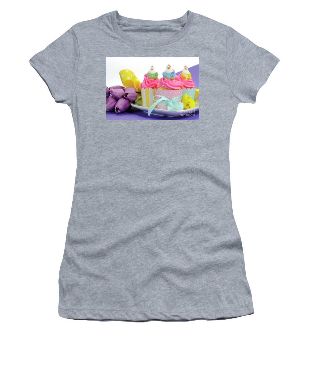 Easter Women's T-Shirt featuring the photograph Happy Easter pink, yellow and blue cupcakes with cute chicken decorations #3 by Milleflore Images