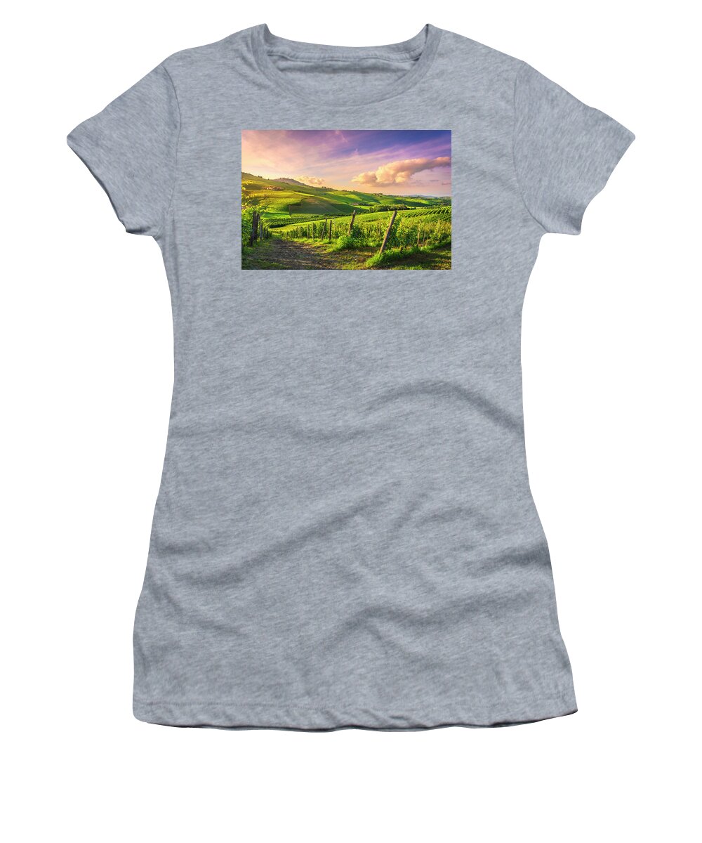 Vineyards Women's T-Shirt featuring the photograph Langhe vineyards view, Barolo and La Morra, Piedmont, Italy Euro by Stefano Orazzini