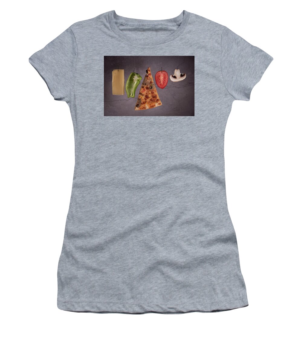 Pizza Women's T-Shirt featuring the photograph Slice of mozzarella pizza tomato cheese peeper and mushroom ingredients by Michalakis Ppalis