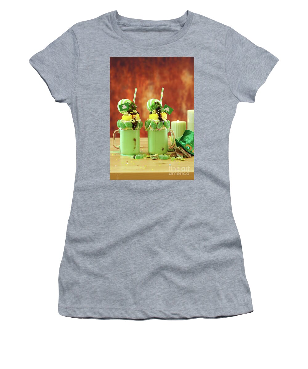 St Patricks Day Women's T-Shirt featuring the photograph St Patrick's Day on-trend holiday freak shakes with candy and lollipops. #3 by Milleflore Images