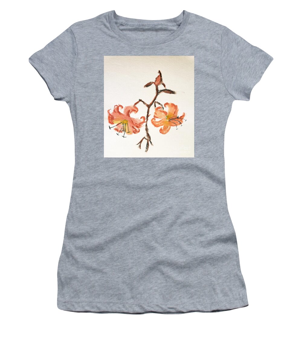 Orange Flower Women's T-Shirt featuring the painting Tiger Lily #3 by Margaret Welsh Willowsilk