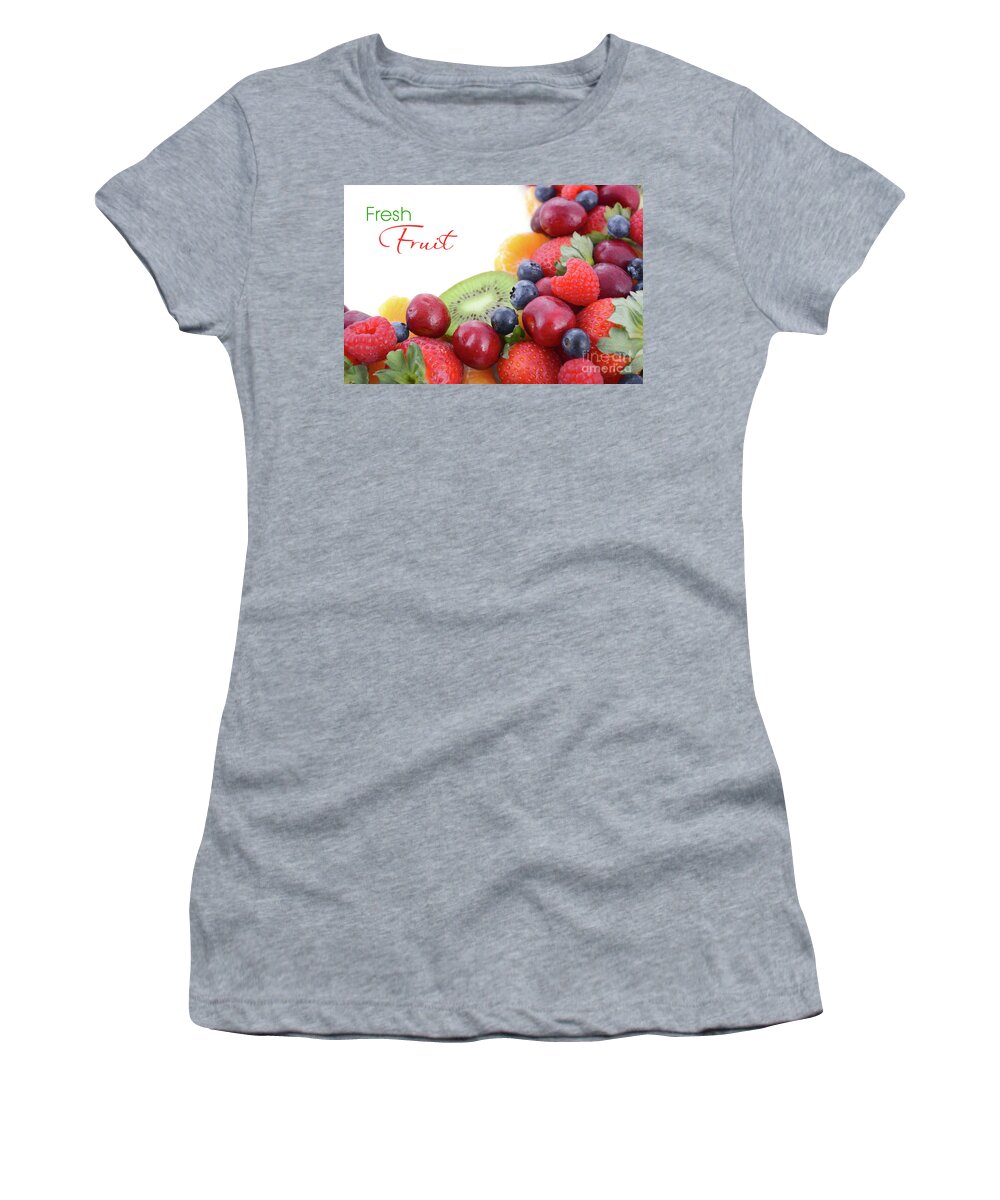 Blue Women's T-Shirt featuring the photograph Fresh organic wholesome fruit on white wood table. #4 by Milleflore Images