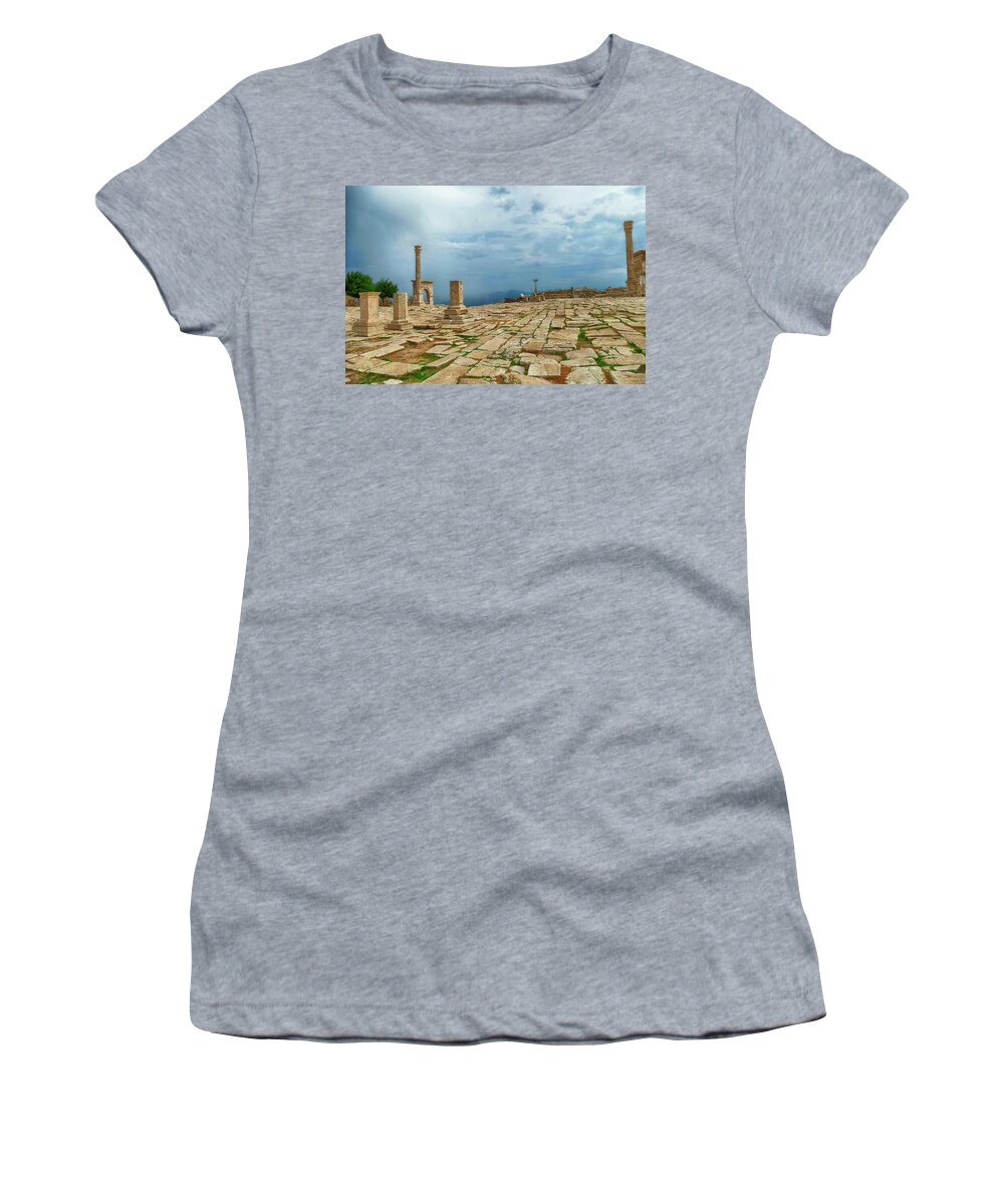 Roman Women's T-Shirt featuring the photograph Column and arches of ancient Roman agora #8 by Steve Estvanik