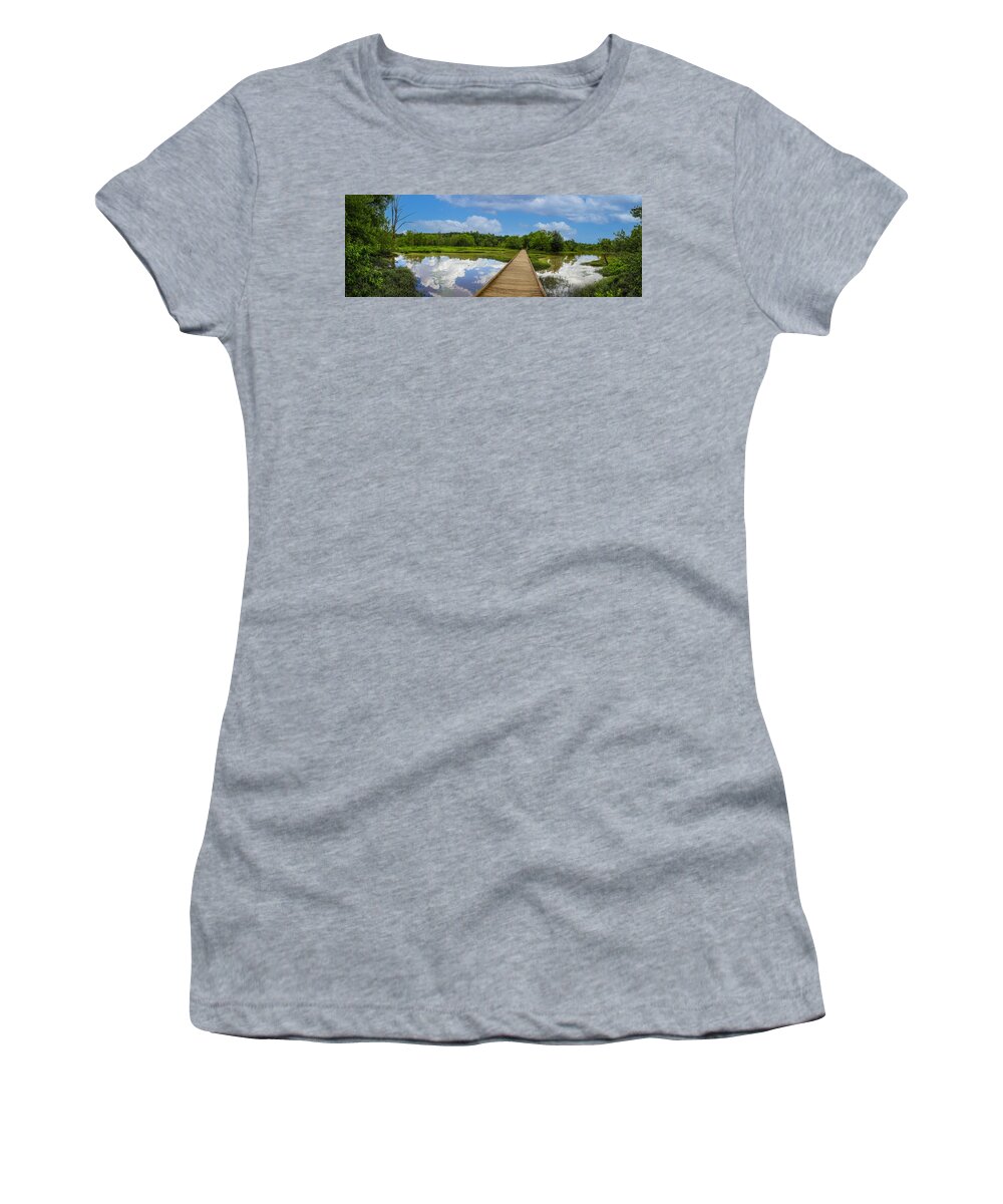 Bridge Women's T-Shirt featuring the photograph A Bridge Over the Lake by Marcus Jones