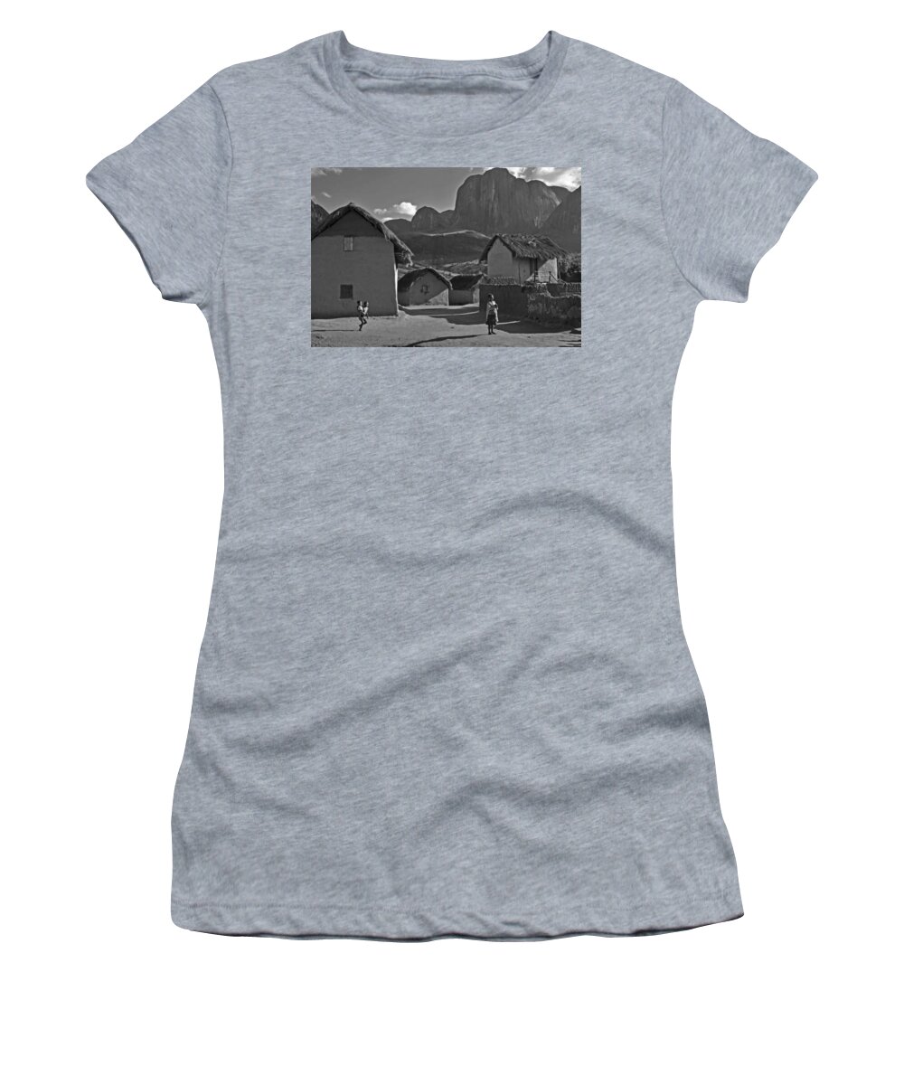 All Women's T-Shirt featuring the digital art A Dewelling in Baobab Alley in Madagascar Black and White KN60 by Art Inspirity