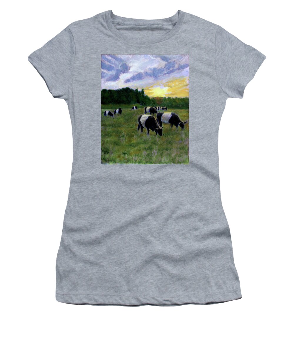 Cattle Grazing Women's T-Shirt featuring the painting A Galloway Breakfast by David Zimmerman