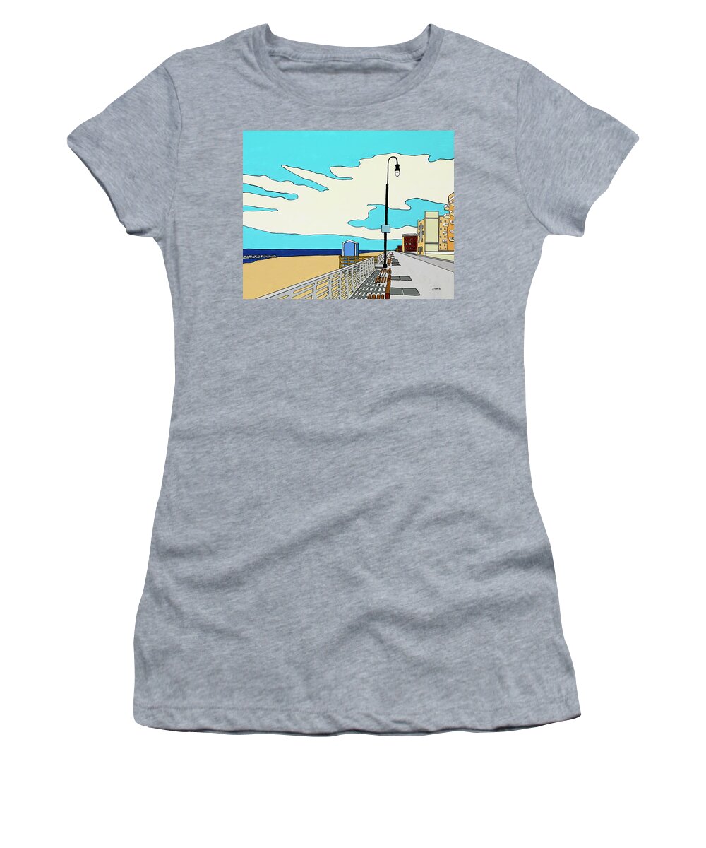 Long Beach Boardwalk Long Island Ocean Sand New York Beach Women's T-Shirt featuring the painting A Long Beach Morning by Mike Stanko