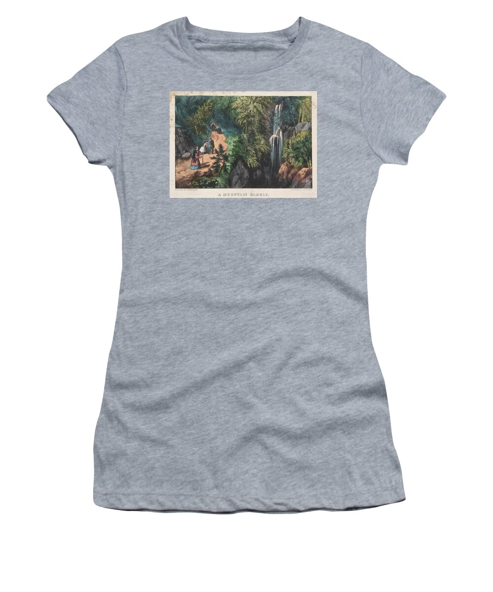A Mountain Ramble C. 1872 74 And James Merritt Ives American 1824 To 1895 Nathaniel Currier American 1813 To 1888 Women's T-Shirt featuring the painting A Mountain Ramble c. 1872 74 and James Merritt Ives American 1824 to 1895 Nathaniel Currier Americ by MotionAge Designs