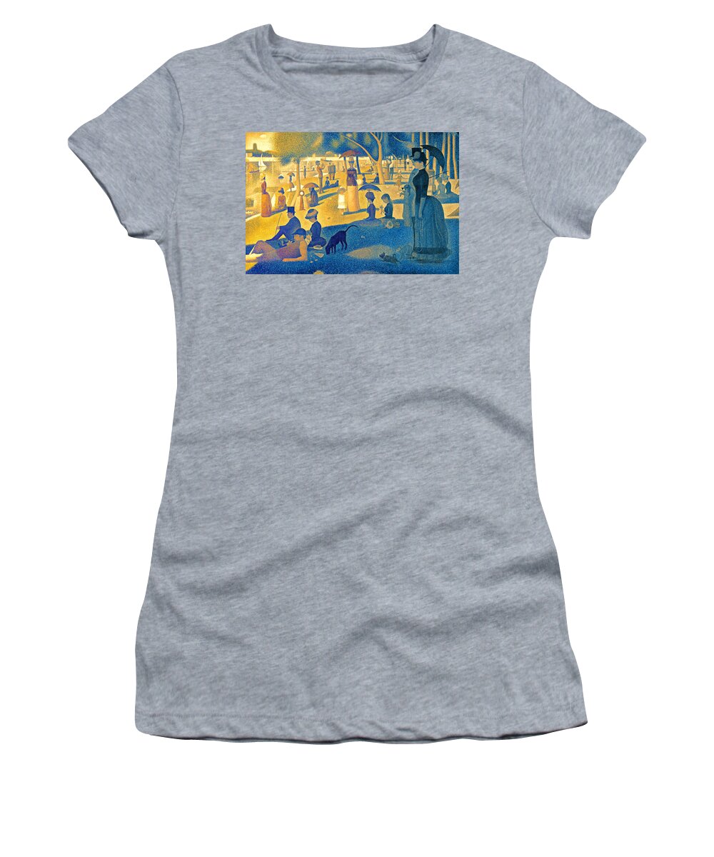 A Sunday Afternoon On The Island Of La Grande Jatte Women's T-Shirt featuring the digital art A Sunday Afternoon on the Island of La Grande Jatte - digital recreation in blue and orange by Nicko Prints
