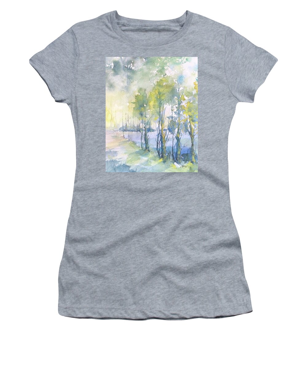 Lake Women's T-Shirt featuring the painting A Walk Around the Lake by Robin Miller-Bookhout