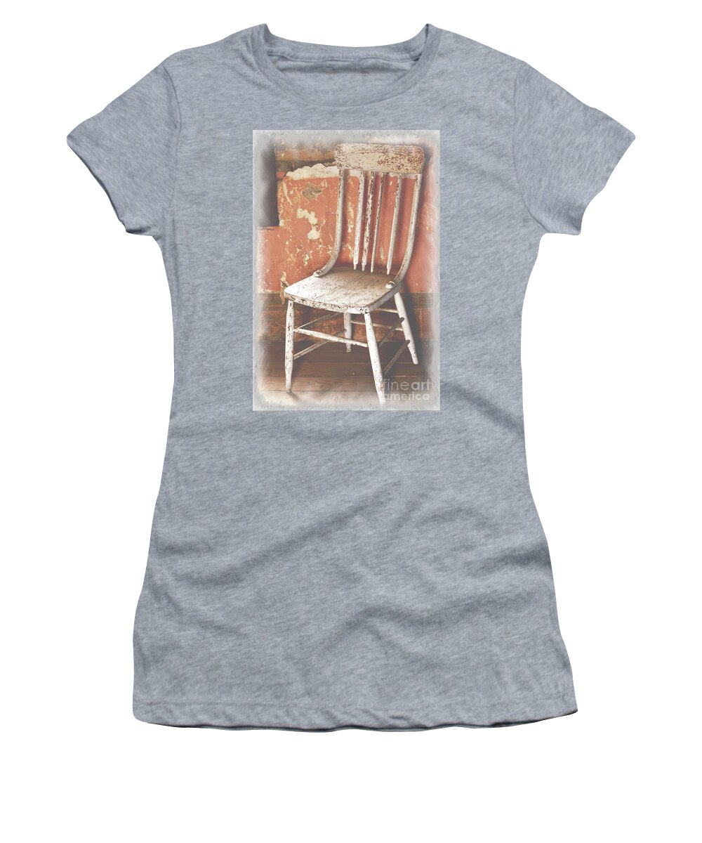 Chair Women's T-Shirt featuring the mixed media Abandoned Chair, Remnant Wall by Kae Cheatham