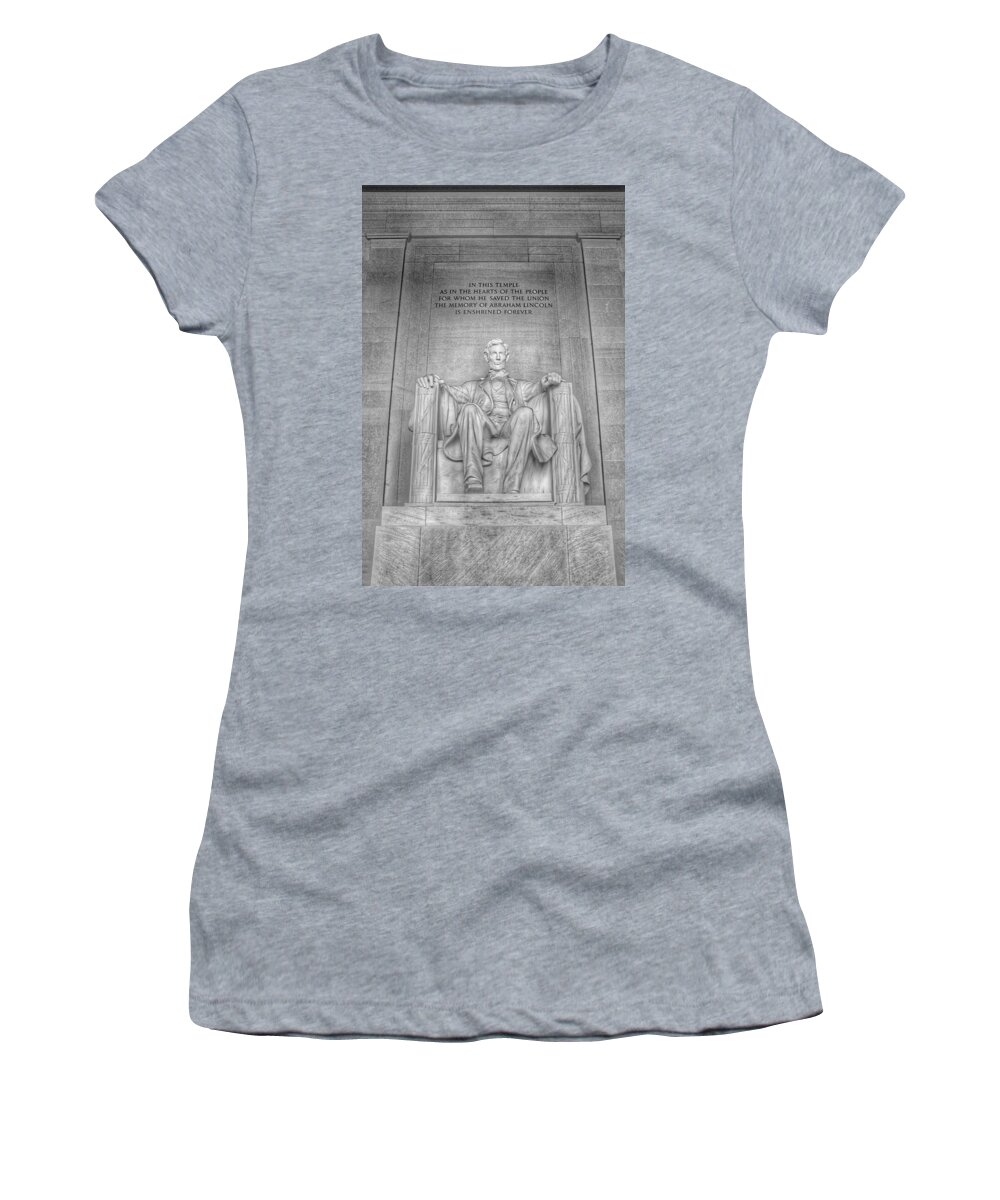 Abraham Lincoln Statue Women's T-Shirt featuring the photograph Abraham Lincoln Statue - The Lincoln Memorial Washington D.C. - Black and White Photography by Marianna Mills