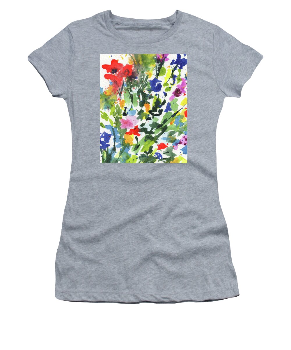 Abstract Flowers Women's T-Shirt featuring the painting Abstract Burst Of Flowers Multicolor Splash Of Watercolor V by Irina Sztukowski