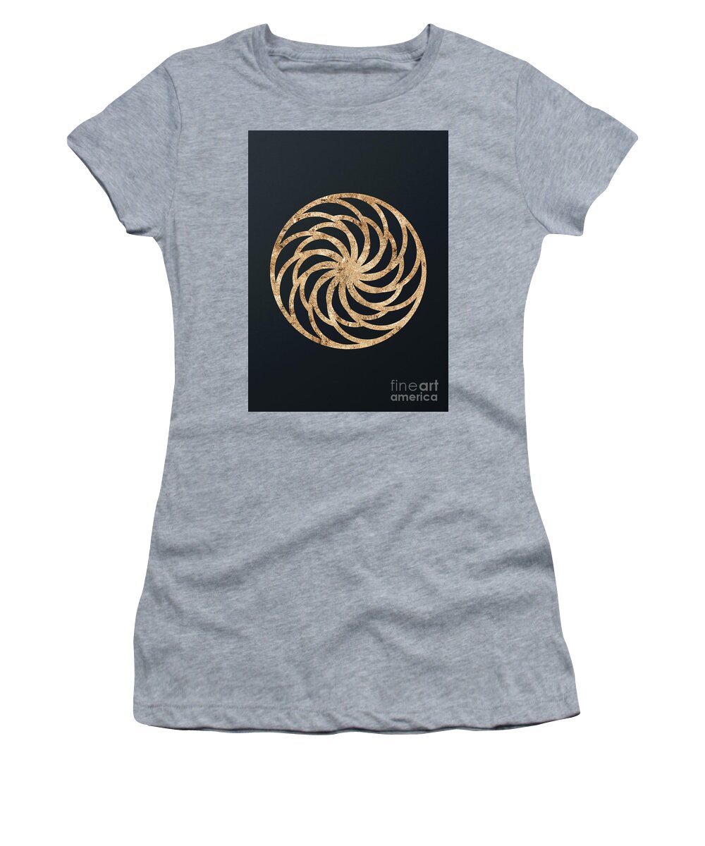 Glyph Women's T-Shirt featuring the mixed media Abstract Geometric Gold Glyph Art on Dark Teal Blue 050 Vertical by Holy Rock Design