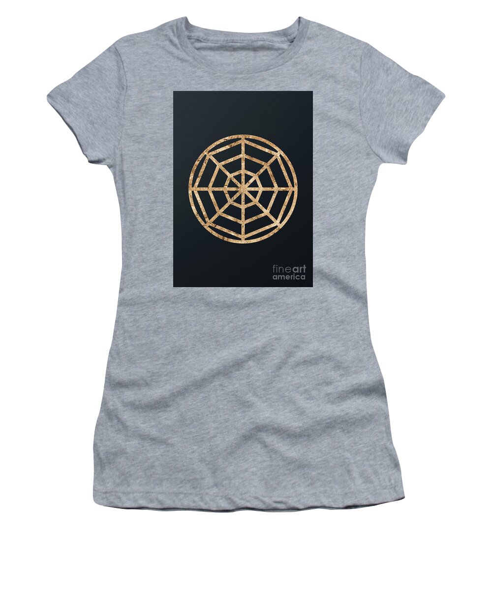 Glyph Women's T-Shirt featuring the mixed media Abstract Geometric Gold Glyph Art on Dark Teal Blue 101 Vertical by Holy Rock Design