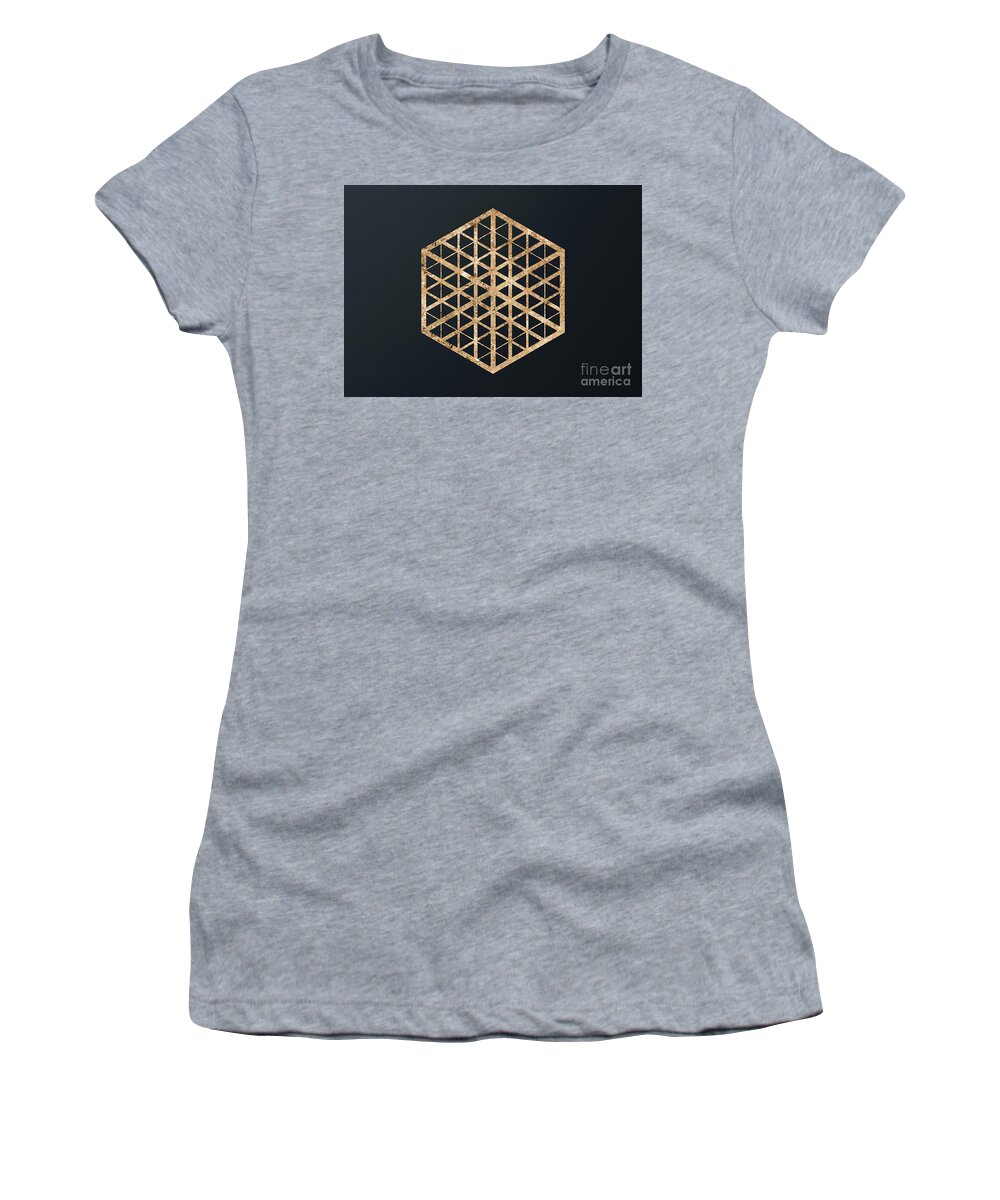 Glyph Women's T-Shirt featuring the mixed media Abstract Geometric Gold Glyph Art on Dark Teal Blue 464 Horizontal by Holy Rock Design