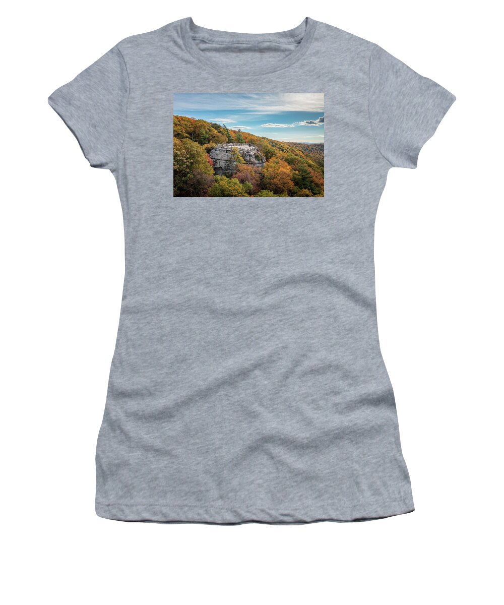 Aerial Women's T-Shirt featuring the photograph Aerial Coopers Rock state park overlook over the Cheat River in WV by Steven Heap