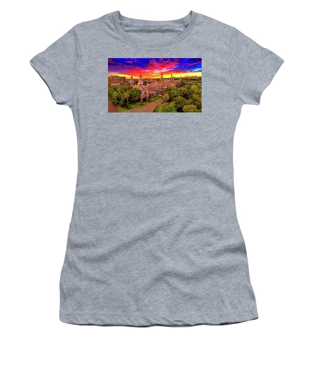 Henry B. Plant Museum Women's T-Shirt featuring the digital art Aerial of Henry B. Plant Museum in Tampa, Florida, at sunset - digital painting by Nicko Prints