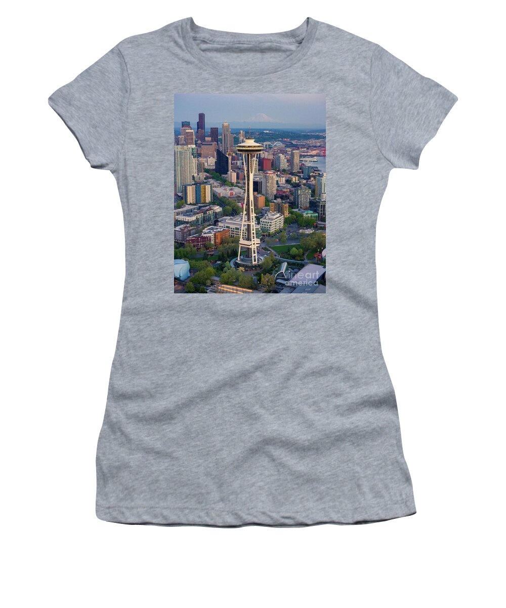 Seattle Women's T-Shirt featuring the photograph Aerial Space Needle Downtown Seattle and Rainier by Mike Reid