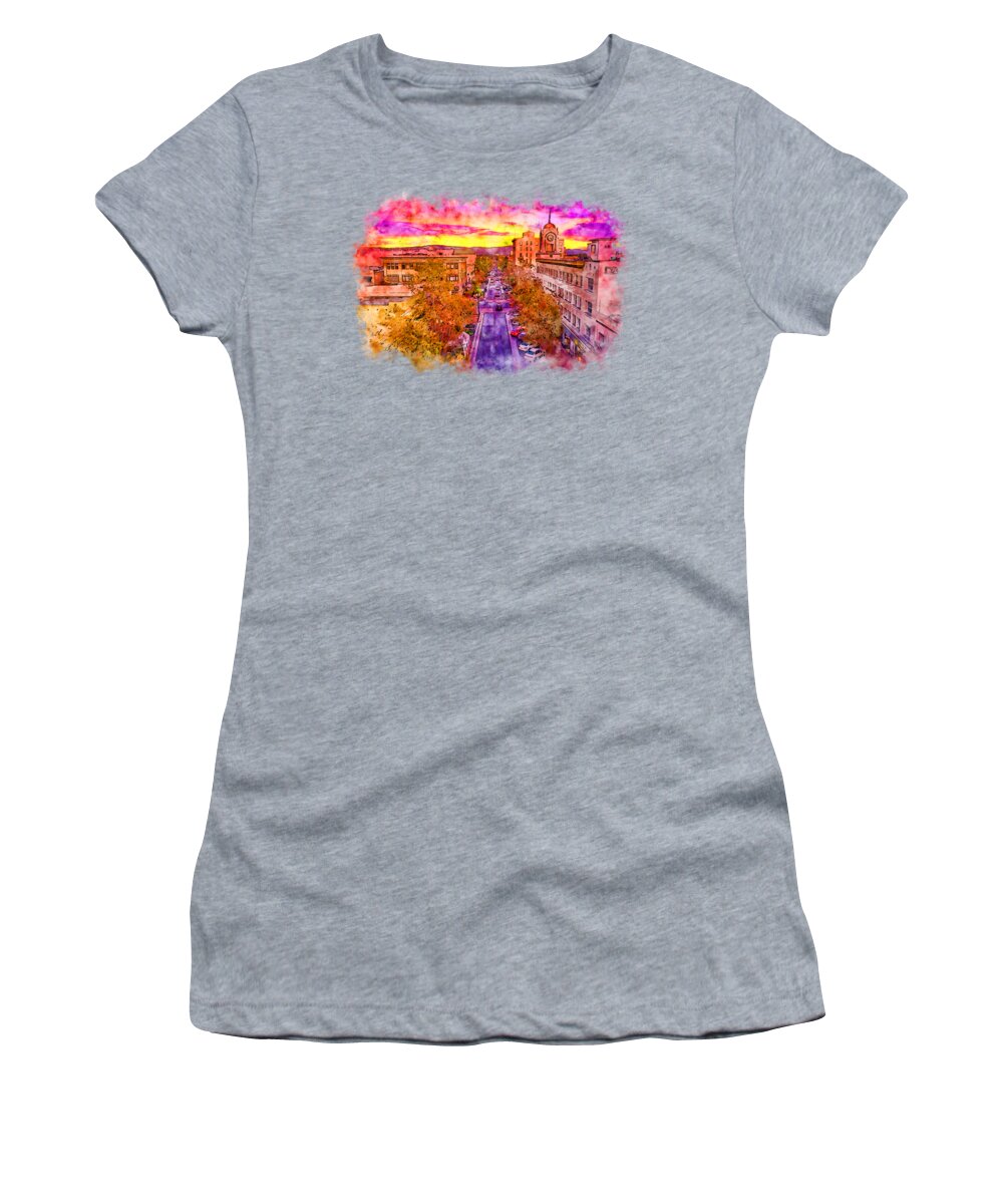 W 4th Street Women's T-Shirt featuring the digital art Aerial view of W 4th Street in downtown Santa Ana - pen and watercolor by Nicko Prints