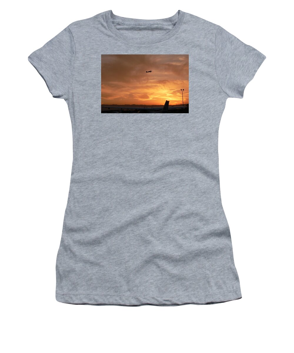 Photograph Women's T-Shirt featuring the photograph Airport Sunset by Beverly Read