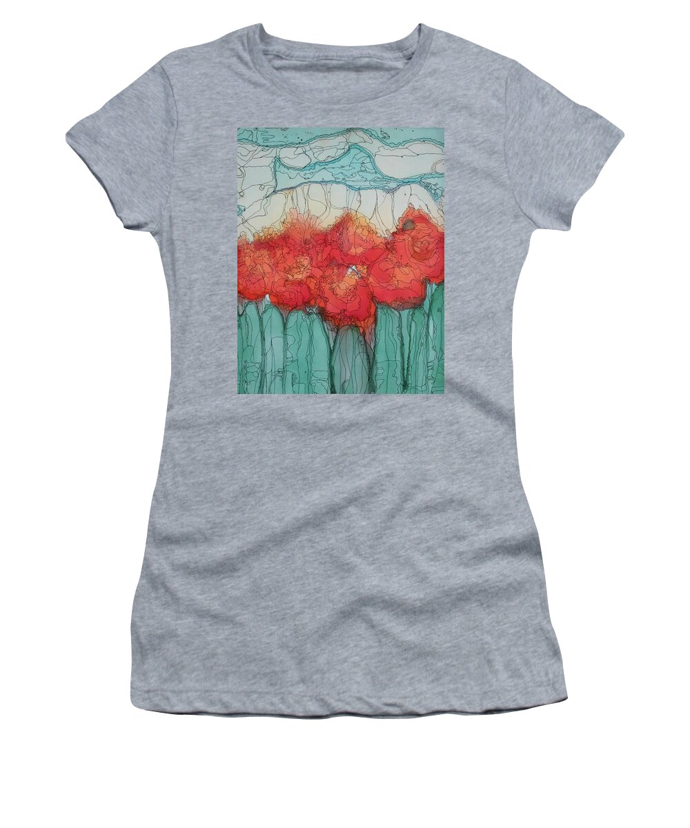 Flowers Women's T-Shirt featuring the mixed media Alcohol Meadow by Aimee Bruno