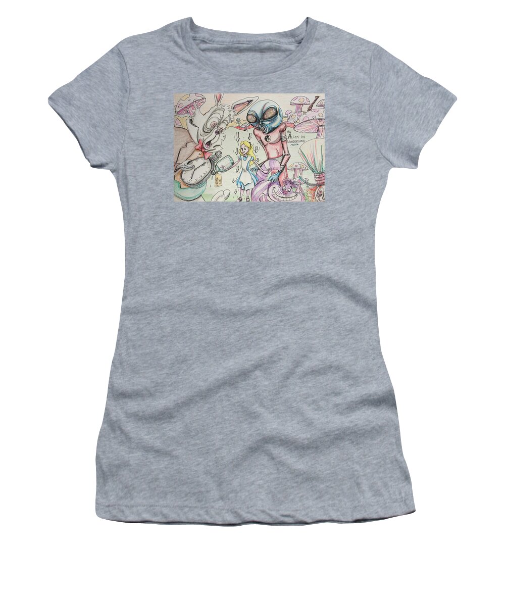 Alice In Wonderland Women's T-Shirt featuring the drawing Alice drank it by Similar Alien