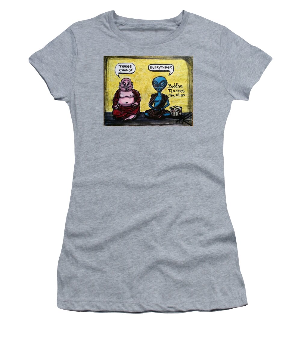 Buddha Women's T-Shirt featuring the painting Alien and Buddha by Similar Alien