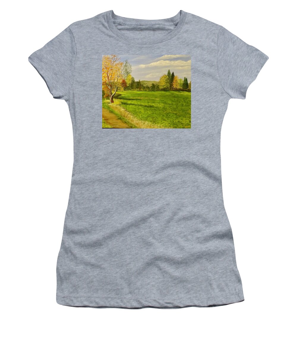 Autumn Scene Women's T-Shirt featuring the painting Along Porter Road by Denise Van Deroef