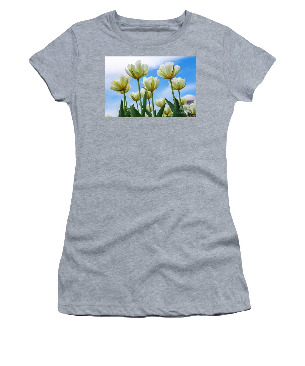 Flower Women's T-Shirt featuring the photograph Amazing view of colorful tulip flowering in the garden at summer or spring day. by Boon Mee