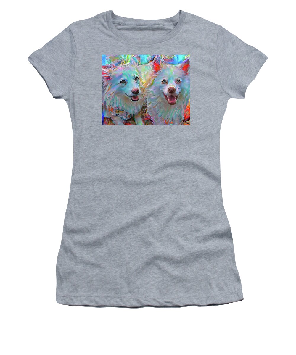 Eskimo Dogs Women's T-Shirt featuring the mixed media American Eskimo Dogs - Koki and Bizzy by Peggy Collins