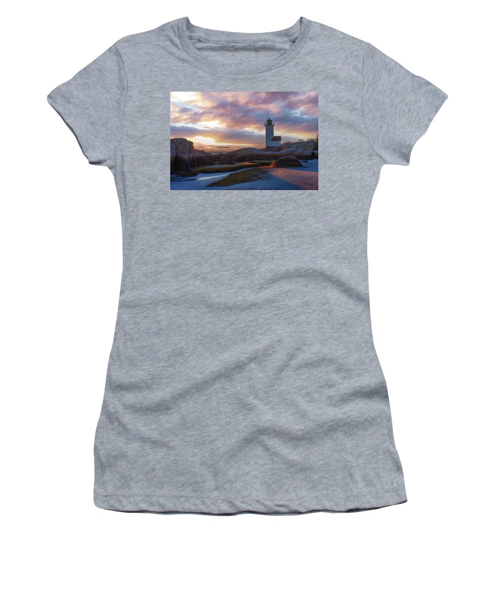 Annisquam Lighthouse Women's T-Shirt featuring the photograph Annisquam Lighthouse Sunset by Jeff Folger