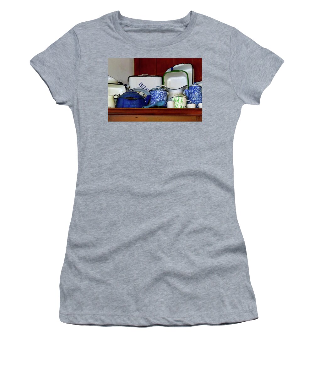 White Enamelware Women's T-Shirt featuring the photograph Antique Enamelware and Agateware by Linda Stern