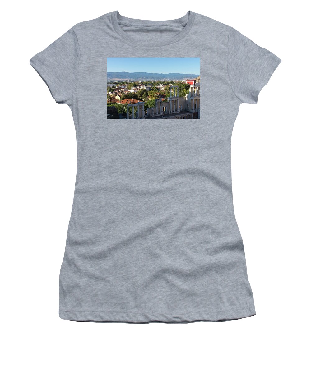 Ancient Roman Theater Women's T-Shirt featuring the photograph Antique Roman Theatre of Philippopolis - Plovdiv Bulgaria Centuries of Culture and History by Georgia Mizuleva