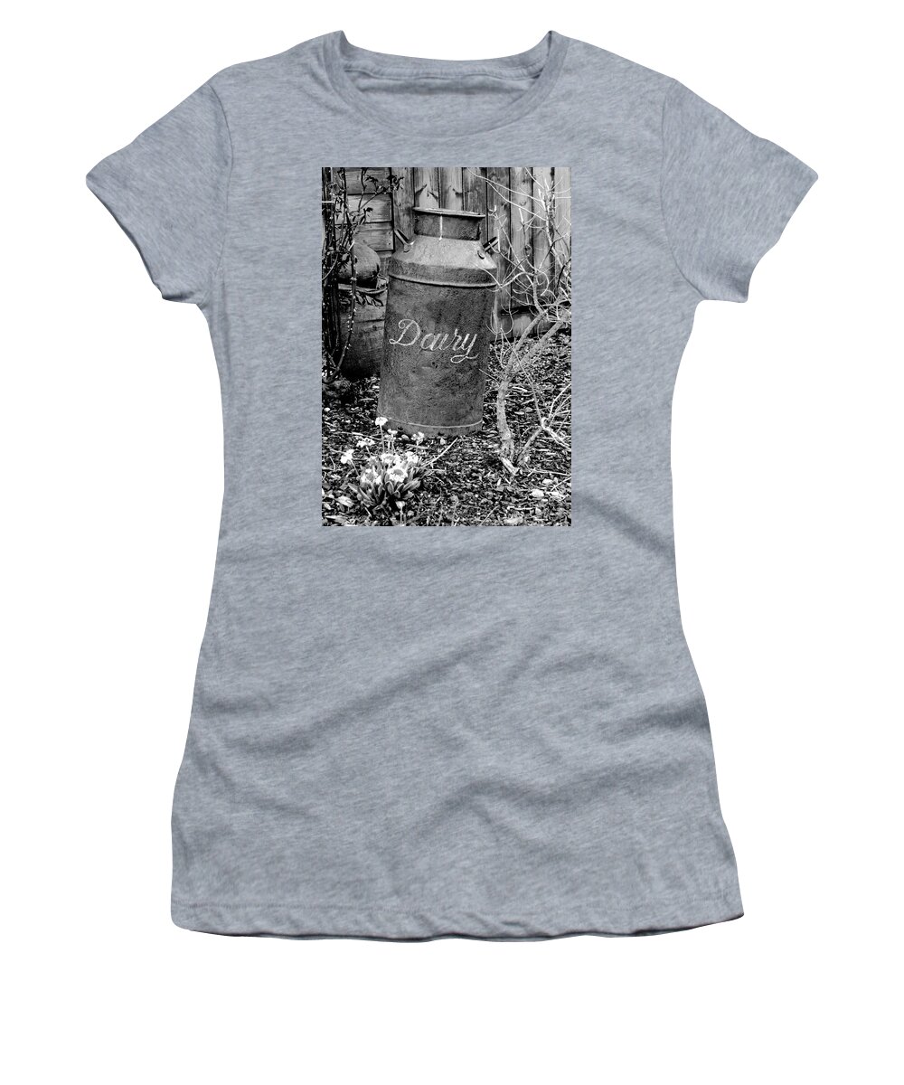 Shed Women's T-Shirt featuring the photograph Antique vintage dairy can black and white by Severija Kirilovaite