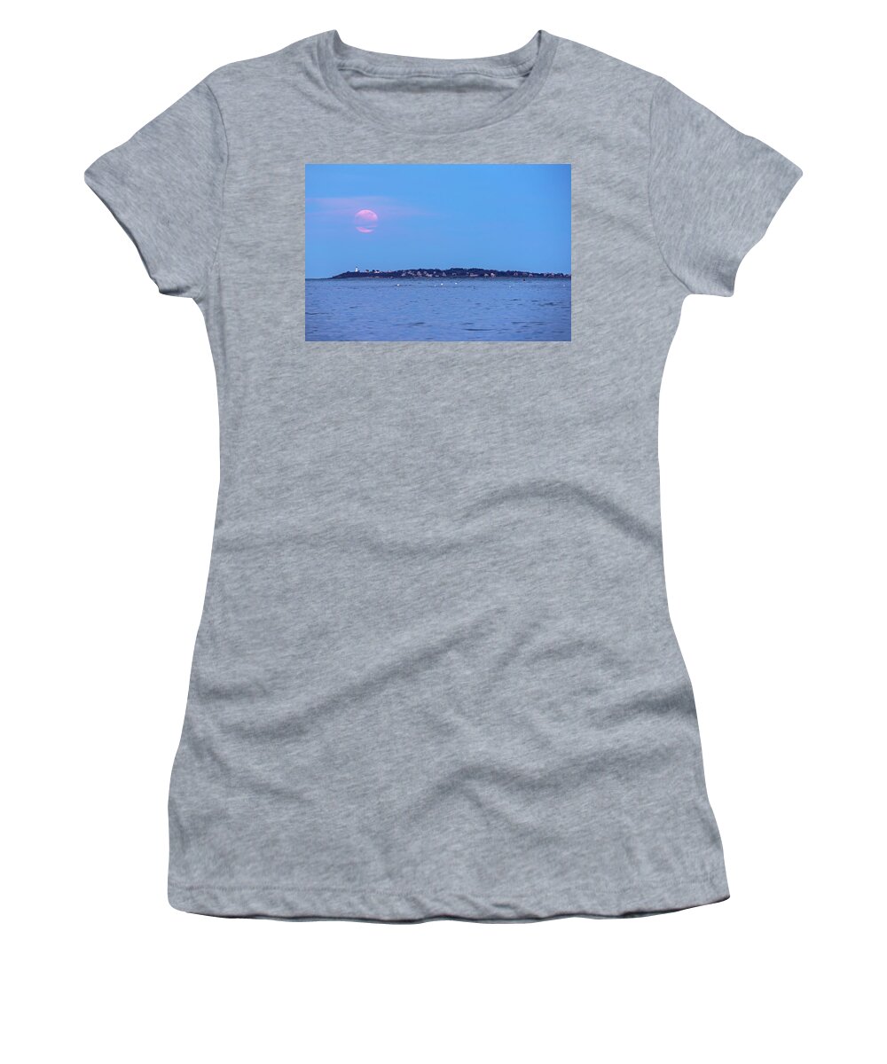 Salem Women's T-Shirt featuring the photograph April 2020 Pink Supermoon Over Baker's Island in Salem MA by Toby McGuire