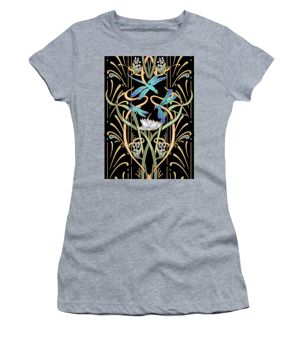 Art Nouveau Women's T-Shirt featuring the drawing Art Nouveau Dragonfly Pattern - Black by L Diane Johnson