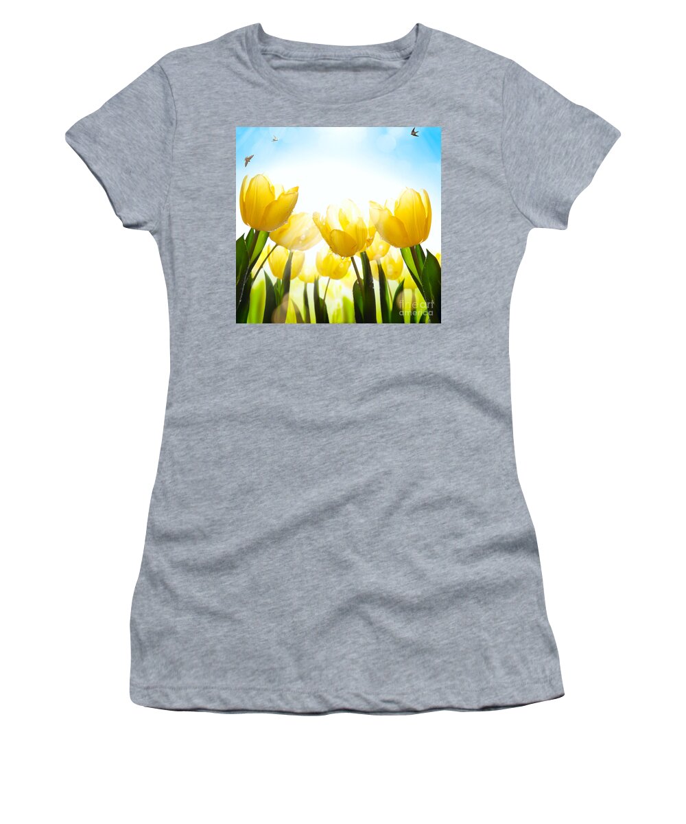 Spring Flower Women's T-Shirt featuring the photograph Art Spring Floral Background Fresh Tulip Flower On Blue Sky Bac by Boon Mee